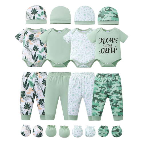 KIMI BEAR Newborn Baby Boys Layette Set 4 Packs 3-6 Months Shower Gift Sets Romper Top Pants Set Short Sleeves Tops Letter Print Leaves Outfits Clothing 16pcs Essential Clothes Green