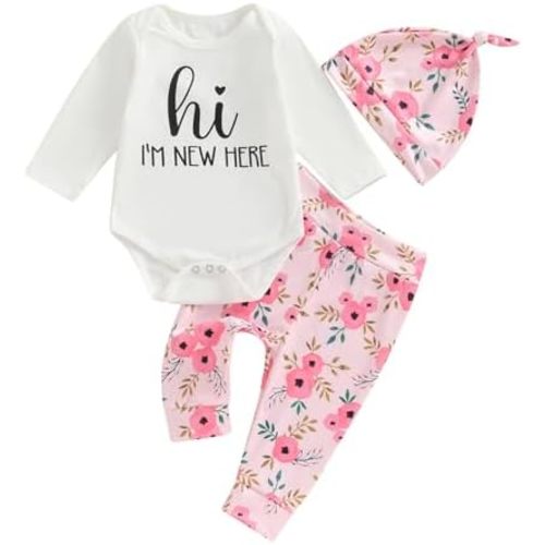 Hi Im New Here Newborn Outfit Baby Boy Girl Cute Long Sleeve Romper Long Pants Hat Infant Fall Clothes