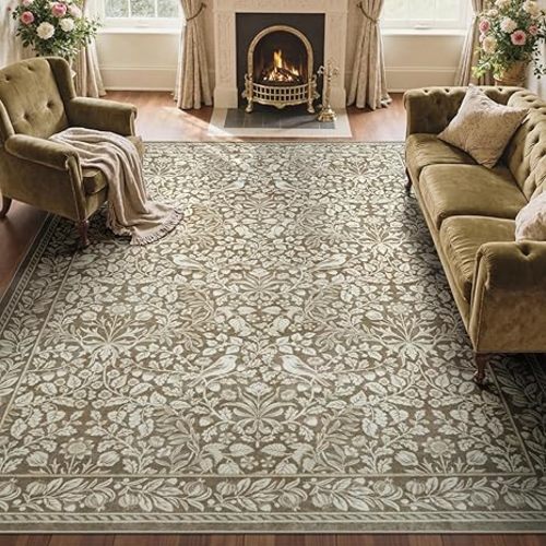 LIVEBOX 8x10 Neutral Area Rugs for Living Room, Vintage Floral Non-Slip Washable Rugs, Farmhouse Botanical Birds Pattern Large Area Rug for Bedroom, Carpet for Dining Room Decor(Neutral Beige,8'x10')