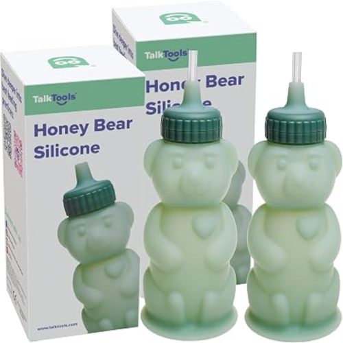 TalkTools Honey Bear Silicone Straw Cup, Dishwasher Safe Baby Drinking Bottle, Premium Food-Grade Material, Honeybear Sippy Cup for Ages 4+ Months, Kids and Toddlers (Pack of 2-8oz) (Green)