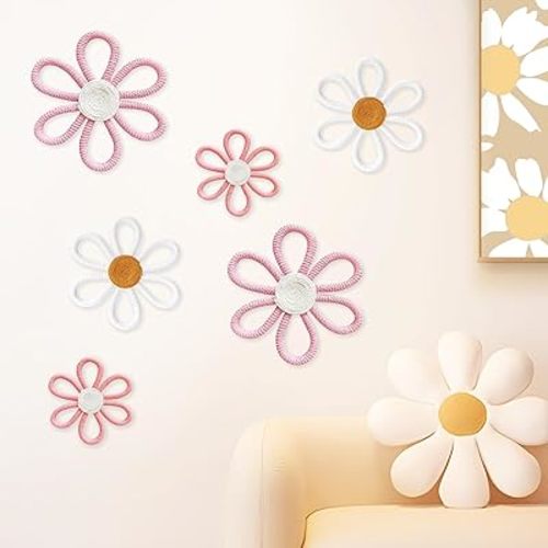 cntjv 6 Pcs Boho Daisy Wall Decor Pink Floral Macrame Wall Hanging Set 3 Mixed Size Cute Small Flower Art or Home Girls Room Nursery Classroom (Classic Pink)