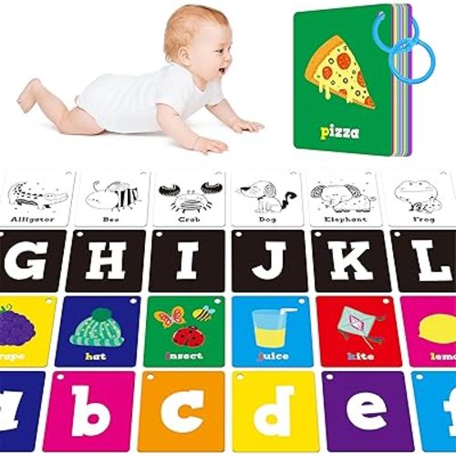 52 PCS Baby Visual Stimulus Cards, Double-Sided High Contrast Black and White, Colorful Alphabet Words Flashcards, Visual Sensory Development Montessori Cards Set for Newborn Baby, Kids, Preschool