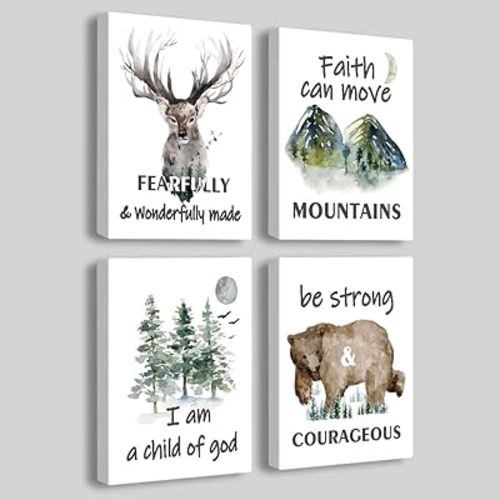 LOEDVESTR Forest Animals Bible Verse Canvas Wall Art, Inspirational Quote Wall Art, Suitable for Kids Room, Playroom, Nursery Decor | 4-pack(29 x 38 cm) Framed