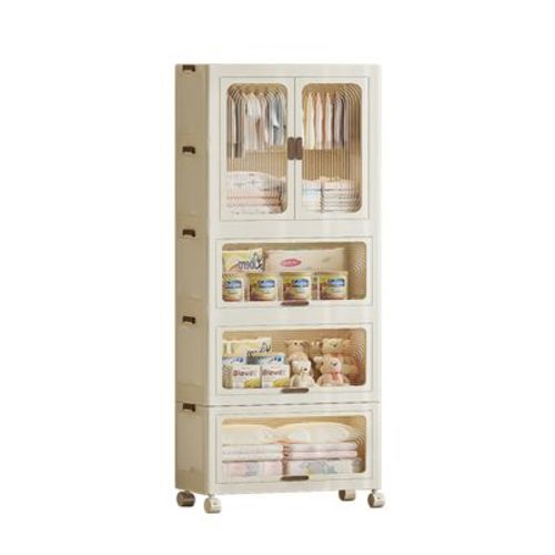 4 Tier Portable Kids Wardrobe Closet with Doors Baby Clothes Organizer with Wheels, Collapsible Wardrobe Closet with Hanging Rod, Includes 10 Hangers