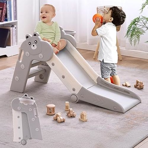 DOREROOM Toddler Slide Indoor Slides for Toddlers Slide Kids Foldable Baby Plastic Playground with Basketball Hoop and Ball