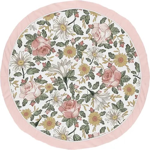 Sweet Jojo Designs Vintage Floral Girl Baby Playmat Tummy Time Infant Play Mat - Blush Pink, Yellow, and Green Boho Shabby Chic Rose Flower Farmhouse