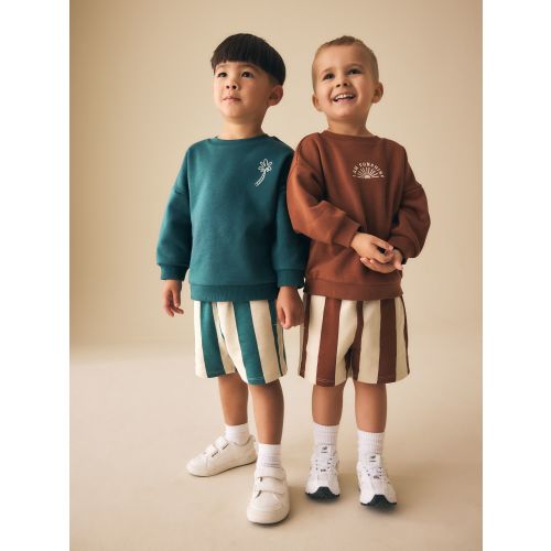 Rust Brown and Teal Crew Neck Sweatshirt and Shorts 2 Pack Set (3mths-7yrs)