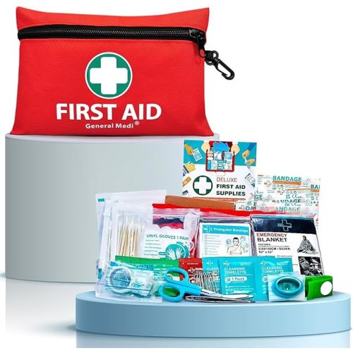 General Medi Mini First Aid Kit, 110 Piece Small First Aid Kit - Includes Emergency Foil Blanket, Scissors for Travel, Home, Office, Vehicle, Camping, Workplace & Outdoor (Red)
