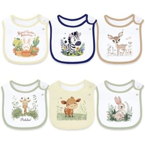 Maiwa 6 Pack Cotton Baby Bibs for Girls Boys with Waterproof layer for Drooling Eating teething with Snaps