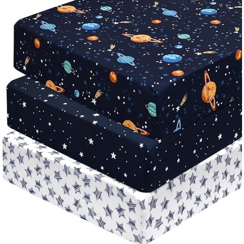 PHF 3 Pack Soft Space Crib Sheets Fitted, Silky Comfy Breathable Baby Sheets for Boys Girls Neutral, 28x52 Inches Fits Standard Crib and Toddler Mattresses, Space