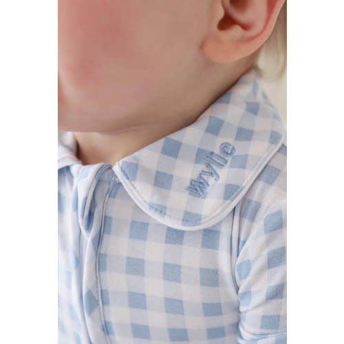 Peter Pan Collar Zipper Footie in Dusty Blue Gingham | Caden Lane