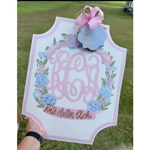 Handpainted Hydrangea Pink and Blues Baby Girl Announcement Door Hanger, Monogrammed Bow Decor
