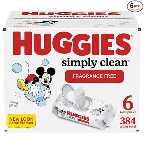 Baby Wipes, Unscented, Huggies Simply Clean Fragrance-Free Baby Diaper Wipes, 6 Flip-Top Packs (384 Wipes Total),64 Count (Pack of 6)
