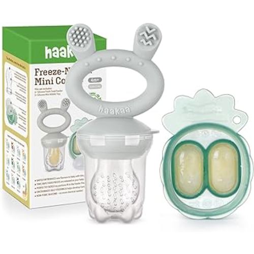 Haakaa Baby Fruit Food Feeder & Mini Freezer Nibble Tray Combo, Breastmilk Popsicle Molds for Baby Cooling Relief, BPA Free Silicone Feeder for Safe Infant Self Feeding, 4 Month+ (Slate Grey)