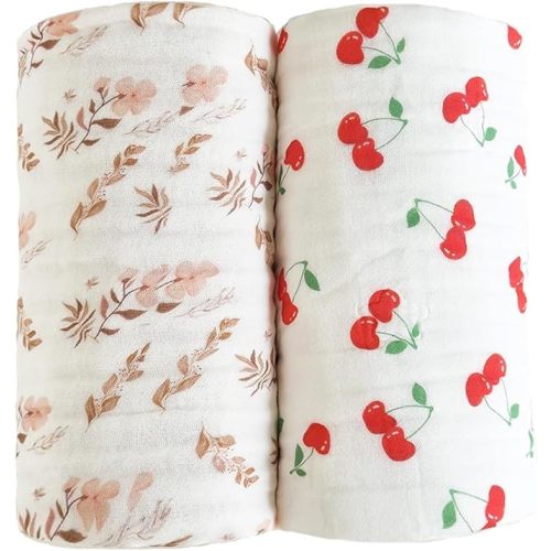 Pack of 2 Ultra Soft Muslin Baby Blankets for Girls Boys Breathable Lightweight Cotton Muslin Swaddle Blankets for Infant Toddler, Newborn Nursery Swaddling Wrap 43"X43" (Floral and Cherry)