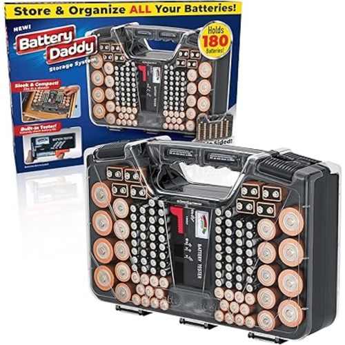Battery Daddy Storage & Organizer Case w/Tester, Stores & Protects Up to 180 Batteries, Double-Sided, Clear Locking Lid, Secure Latches & Portable Carrying Handle - Charcoal (Batteries Not Included)