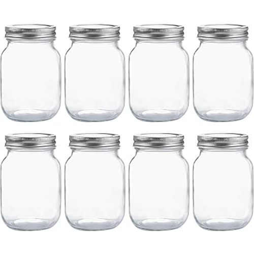 Glass Regular Mouth Mason Jars, 16 oz Clear Glass Jars with Silver Metal Lids for Sealing, Canning Jars for Food Storage, Overnight Oats, Dry Food, Snacks, Candies, DIY Projects (8PACK)