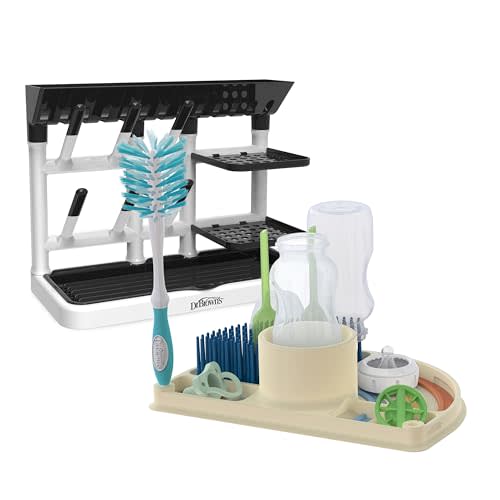 Dr. Brown's Drying Tower, Stand-Up Drying Rack with 2-in-1 Dry & Prep Silicone Mat, Silicone Baby Bottle Drying Mat with Removable Pegs for Baby Essentials, Built-in Bottle Prep, BPA-Free