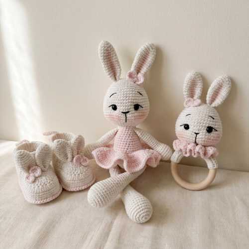 Crochet Bunny Gift Set for Baby Girl, Rabbit with Booties and Rattle, Newborn Keepsake
