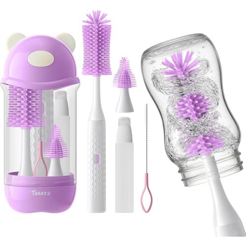 Electric Bottle Brush Cleaner Set, Bear-Shaped Travel Baby Bottle Cleaner Kit with Silicone Nipple & Straw Brush, Soap Dispenser, Drainage Rack, Storage Box(Purple)