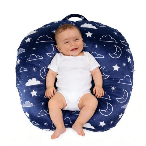 Newborn Lounger Cover - Hypoallergenic Minky Fitted Cover for Boppy Lounger Pillow - Stain-Resistant & Soft Baby Lounger Replacement Cover (Navy Blue, Stars and Clouds)