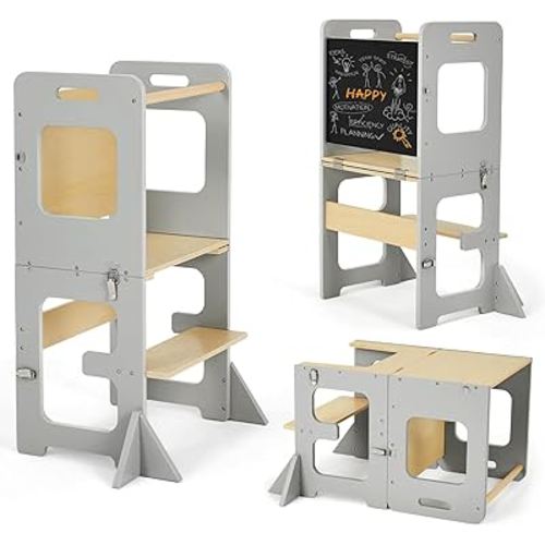 Toddler Standing Tower, Learning Standing Tower, 2-in-1 Kitchen Wooden Stool Helper with Chalkboard Montessori and Waldorf Helper for Kids in Kitchen (Grey)