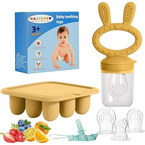 WAJIAYON Baby Breastmilk Popsicle Molds & Baby Fruit Feeder (2 Pack), Baby Food Freezer Tray Storage Containers, Silicone Teething Pacifier Feeder and Teether for Babies,Baby Feeder - Yellow