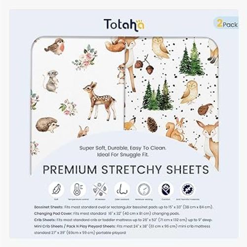 TotAha Premium Soft Graco Pack n Play Sheets Fitted, Super Stretchy Jersey Knit Mini Crib Sheets Fitted, Silky Comfort Pack and Play Mattress Sheets, 2 Pack (Forest Animals)