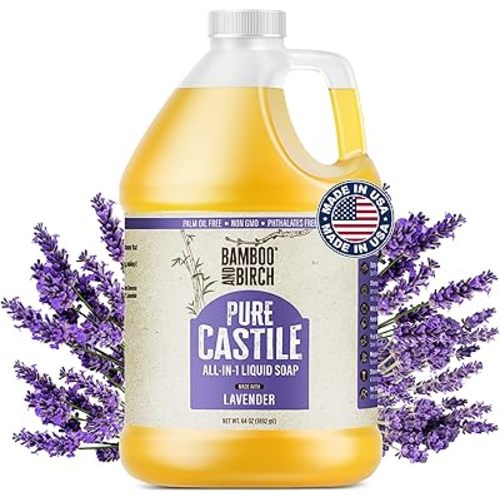 BAMBOO AND BIRCH Pure Castile Soap Liquid, Certified Palm Oil Free Natural Soap, Lavender, 64 oz