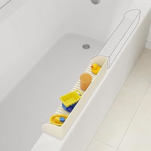 Roslim Splash Guard for Bathtub & Sink - Silicone Kids Bath Splash Guard Shelf, Bath Toy Tray Holder, Tub Water Splash Guard with 4 Suction Cups, Bathroom Accessories for Baby Bath, 1Pack, Beige