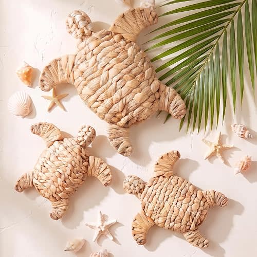 Threehoney 3 Pcs Sea Turtle Beach Decor Handmade Wicker Turtle Wall Decor
