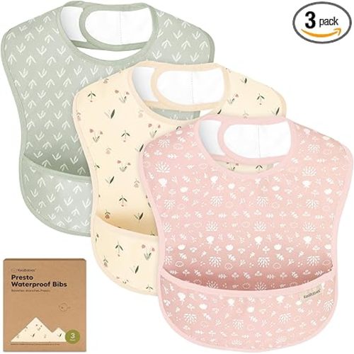 3-Pack Waterproof Baby Bibs for Eating - Lightweight Toddler Feeding Bibs with Large Food Catcher, Mess Proof, Food-Grade Baby Eating Essentials, Easy to Put On & Clean (Fleur)