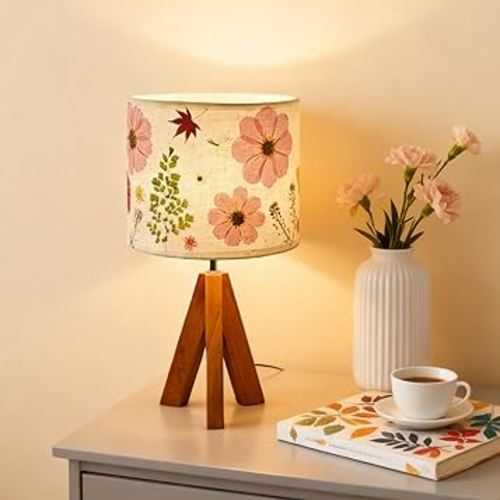 Dried Flowers Tripod Table Lamp 14.56in, 9W LED 3-Color Cute Bedside Lamp with Flowers Linen Lampshade for Nursery, Bedroom, Kid Room, Living Room, Light Brown Wooden Base