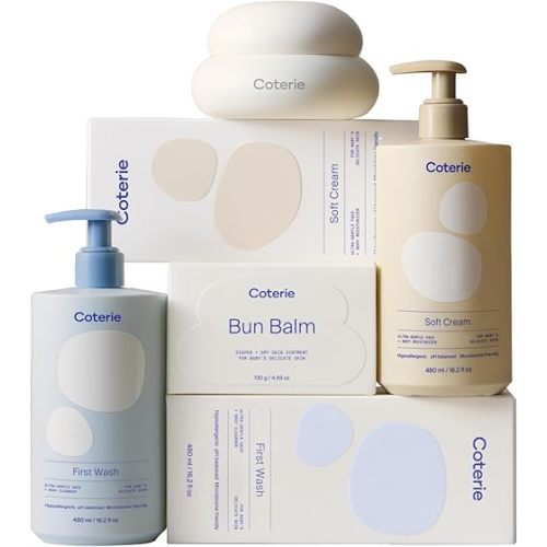 Coterie The Skin Essentials Baby Gift Set | 16.2 oz Shampoo + Body Wash, 16.2 oz Face + Body Lotion, 4.7oz Diaper + Dry Skin Balm | Fragrance Free, Safe for Sensitive Skin, Hypoallergenic, Eczema Safe