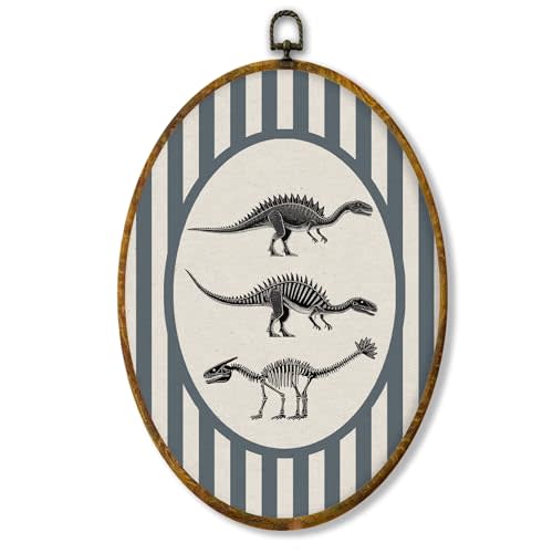 Hiuwevt Vintage Dinosaur Nursery Oval Wall Art Decor, Kids Room Framed Canvas Prints, Dinosaur Fossil Striped Oval Wall Hanging Decor for Kids Boy Nursery Bedroom Playroom Decorations, 8.6x11.4 Inches