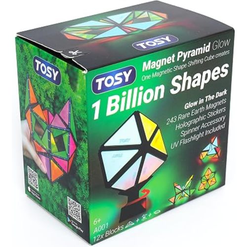 TOSY Magnet Pyramid Glow - 1 Cube Transforms into 1 Billion Shapes, 12 Pieces, 243 Rare Earth Magnets, Glowing, Holographic Design Magnet Tiles Creative Puzzle STEM/STEAM Toy