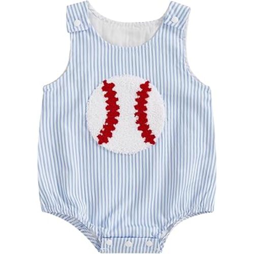 Newborn Baby Boy Girl Summer Outfit Baseball Embroidery Romper Jumpsuit Sleeveless Smocked Bodysuit Overalls Clothes (Blue, 3-6 Months)