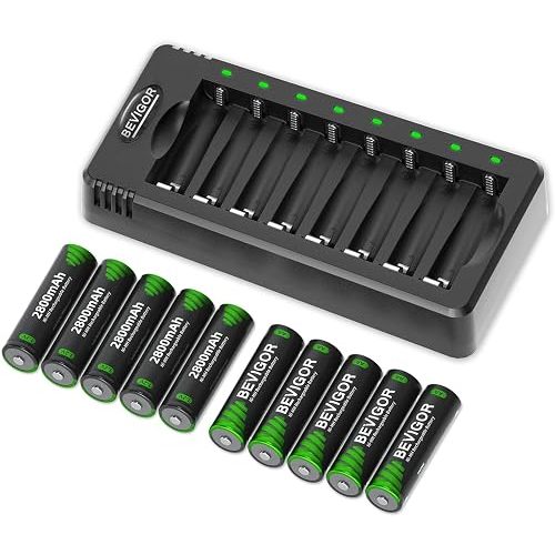 BEVIGOR AA Rechargeable Batteries with Charger, 10-Pack 2800mAh High Capacity NiMH AA Batteries, Low Self Discharge, Smart 8-Bay Battery Charger