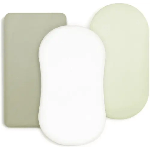 GRSSDER Stretchy Ultra Soft Fitted Bassinet Sheet 3 Pack, Universal Fit for Bassinets Baby Cradle Moses Basket Oval Rectangle Mattress Safe and Snug, Jersey Bassinet Sheets for Girls, White/Sage