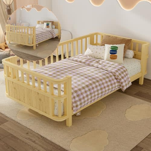 Twin Bed Frames for Kids, Low Profile Twin Montessori Floor Beds with Rails, Metal Daybed for Girls & Boys, No Spring Box Required, No Squeaks, Natural