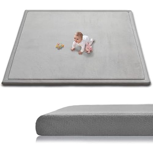 Baby Play Mat for Floor, 79'' x 71'' Thicken Foam Soft Padded Playmat for Tummy Time, Playpen Mat for Toddlers Infant Kids, Water-Repellent Coral Velvet, Non-Slip Bottom Safe for Crawling, Light Grey