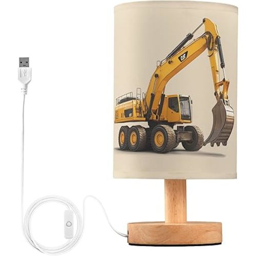Table Lamp Construction Car Excavator Nightstand Lamp with Wood Base Fabric Lamp Shade Bedside Desk Lamp for Living Room Bedroom Kids Room Office