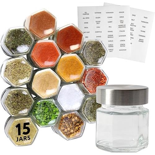 IMPRESA Hexagon Magnetic Spice Jars - Pack of 15-1.74 Oz Strong Magnetic Seasoning Containers - Space-Saving Honeycomb Spice Jars - Airtight Glass Storage Containers with Steel Lids