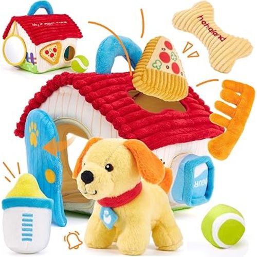 hahaland Montessori Toys for 1 Year Old – Plush Puppy Sensory Toy Set with Dog House, Rattle, Crinkle, Mirror & Shape Sorter, Pretend Play Learning Toy for Toddlers 1-3, Baby Easter Basket Stuffers