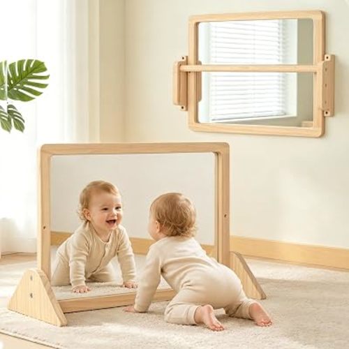 Montessori Mirror with Pull Up Bar, 23.6 x 15.7 in Natural Wood Frame & Shatter-Resistant Acrylic Baby Mirror for Floor and Wall, Tummy Time and Pull-to-Stand Practice