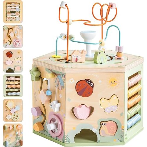 ROBUD Wooden Activity Cube, Montessori Toys for 1+ Year Old, Educational Toy with 13 Functional Areas, Fountain Garden Theme for Baby Boys & Girls