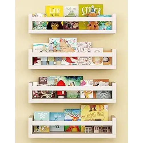 Onlysky Set of 4 Wall-Mounted Kid's Bookshelf - White Floating Nursery Book Shelves - Durable Wood Construction - Ideal for Nursery Decor, Kids Room, Toy Storage