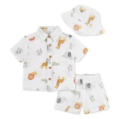 Newborn Baby Boys Huggies Babywear® 100% Organic Cotton Animal Print Short Sleeve Button-Up Top Shorts & Bucket Hat 3-Piece Set