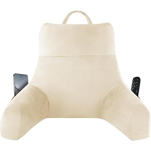 Back Pillow for Bed Sitting up, Reading Pillow for Sitting in Bed Adult, Back Support Pillow, Memory Foam Sit up Lounge Backrest Pillow with Arms for TV, Couch, Chair, Dorm, 18 Inch, Beige