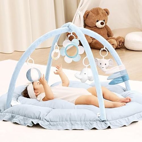 ANGELBLISS 5 in 1 Baby Play Gym Mat, Reversible Tummy Time Mat with 5 Sensory Toys for Stage-Based Developmental, Thick & Large Baby Activity Center from Newborn to Toddler (Pink)